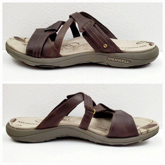 MERRELL Womens Size 10 Bracken Sway Brown Leather Slip On Slide Walking Sandals - Picture 5 of 12